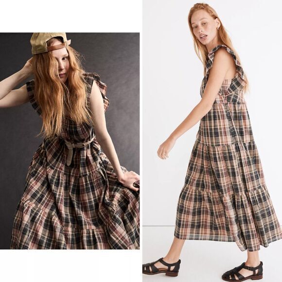 NEW Madewell Flutter-Sleeve Tiered‎ Midi Dress in Plaid, M - Picture 2 of 16